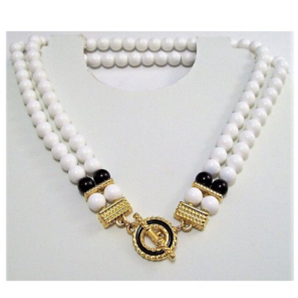Monet White Black Bead Toggle Bar Necklace Choker Gold Vintage Double Strand - Picture 1 of 5
